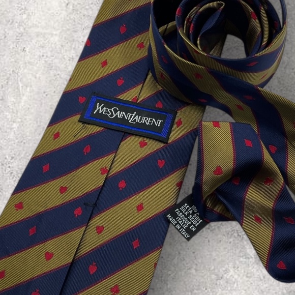 YVES SAINT LAURENT Navy/Gold Striped Card Game Colors Silk LUXURY Tie ITALY - Picture 3 of 5